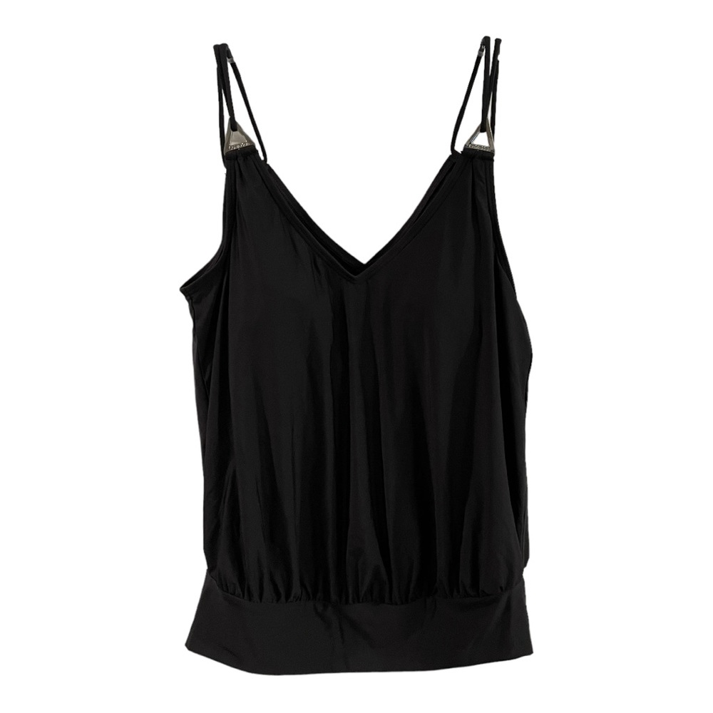 New Calvin Klein Blouson Tankini Top with Silvertone Accents - Black Medium M